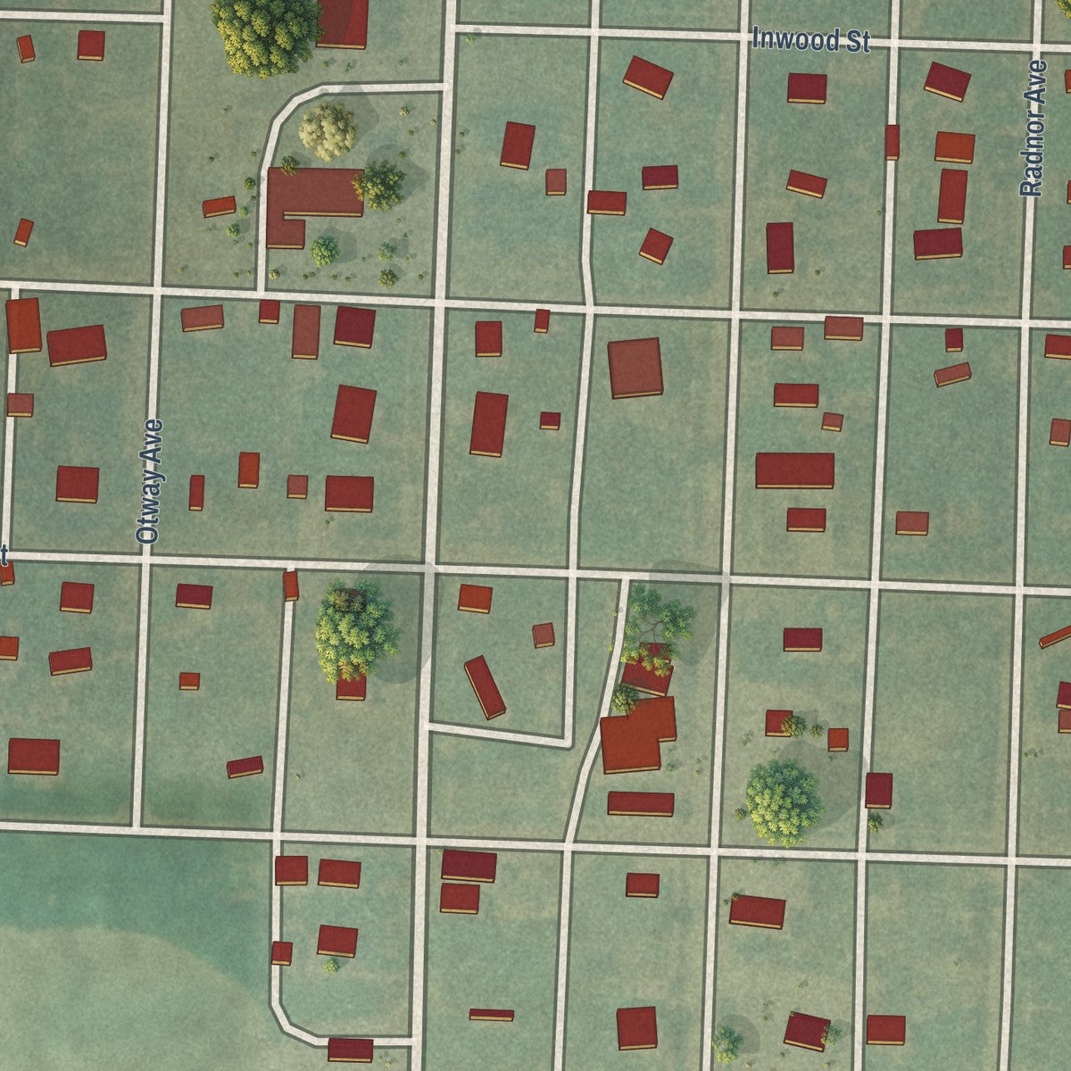 Close-up of the map of Herndon, Kansas print showing street and building detail