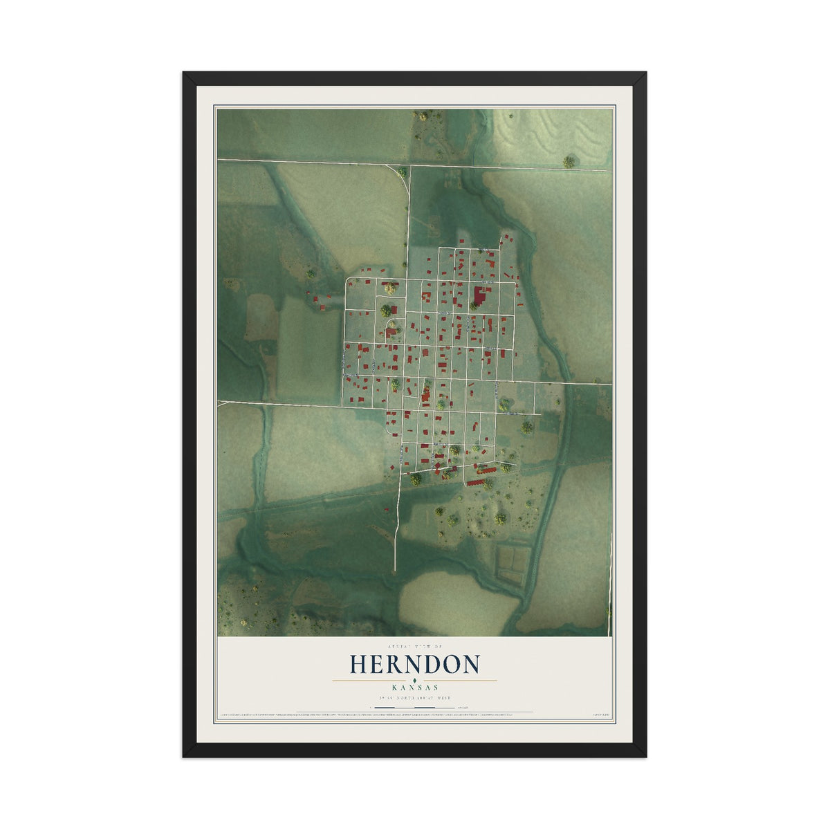 Map of Herndon, Kansas, 12 x 18 inch print in a black wood frame