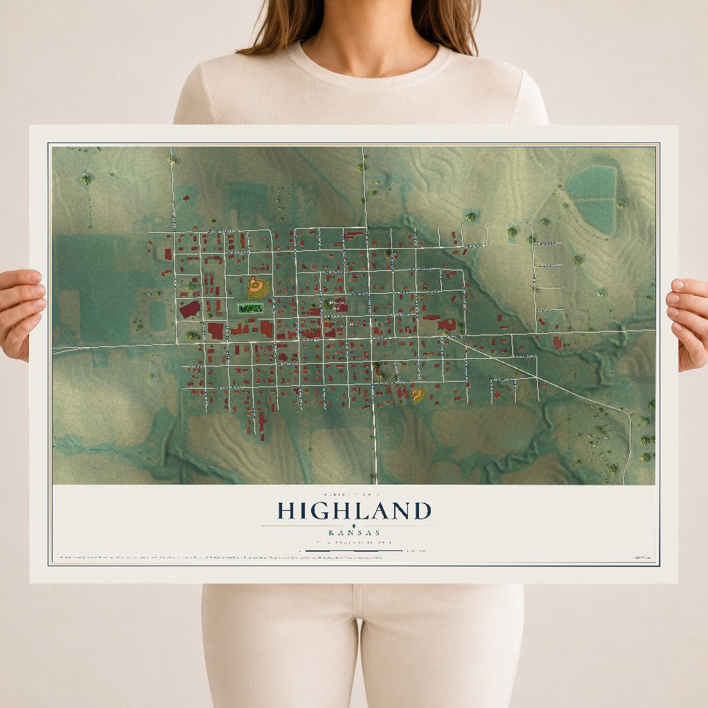 Map of Highland, Kansas, 18 x 24 inch unframed archival matte print
