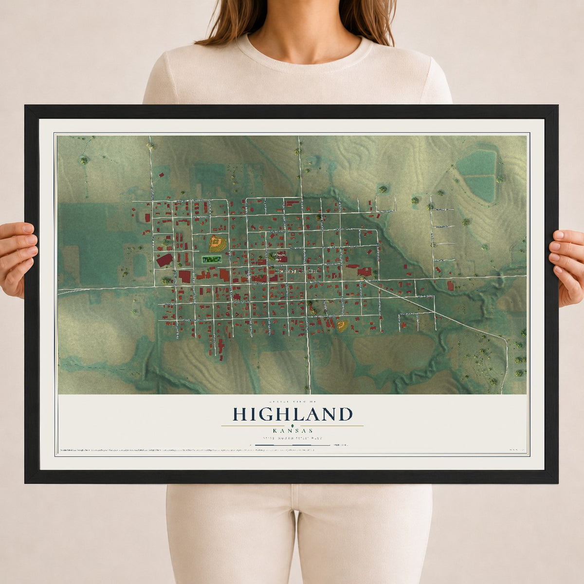 Map of Highland, Kansas, 18 x 24 inch print in a black wood frame