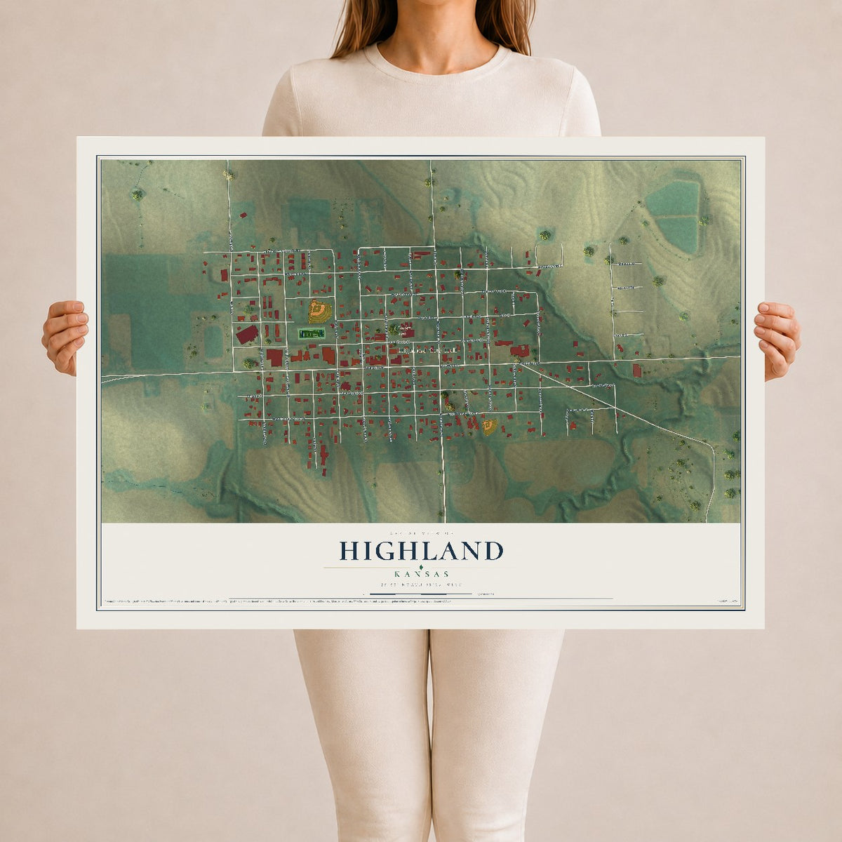 Map of Highland, Kansas, 24 x 36 inch unframed archival matte print
