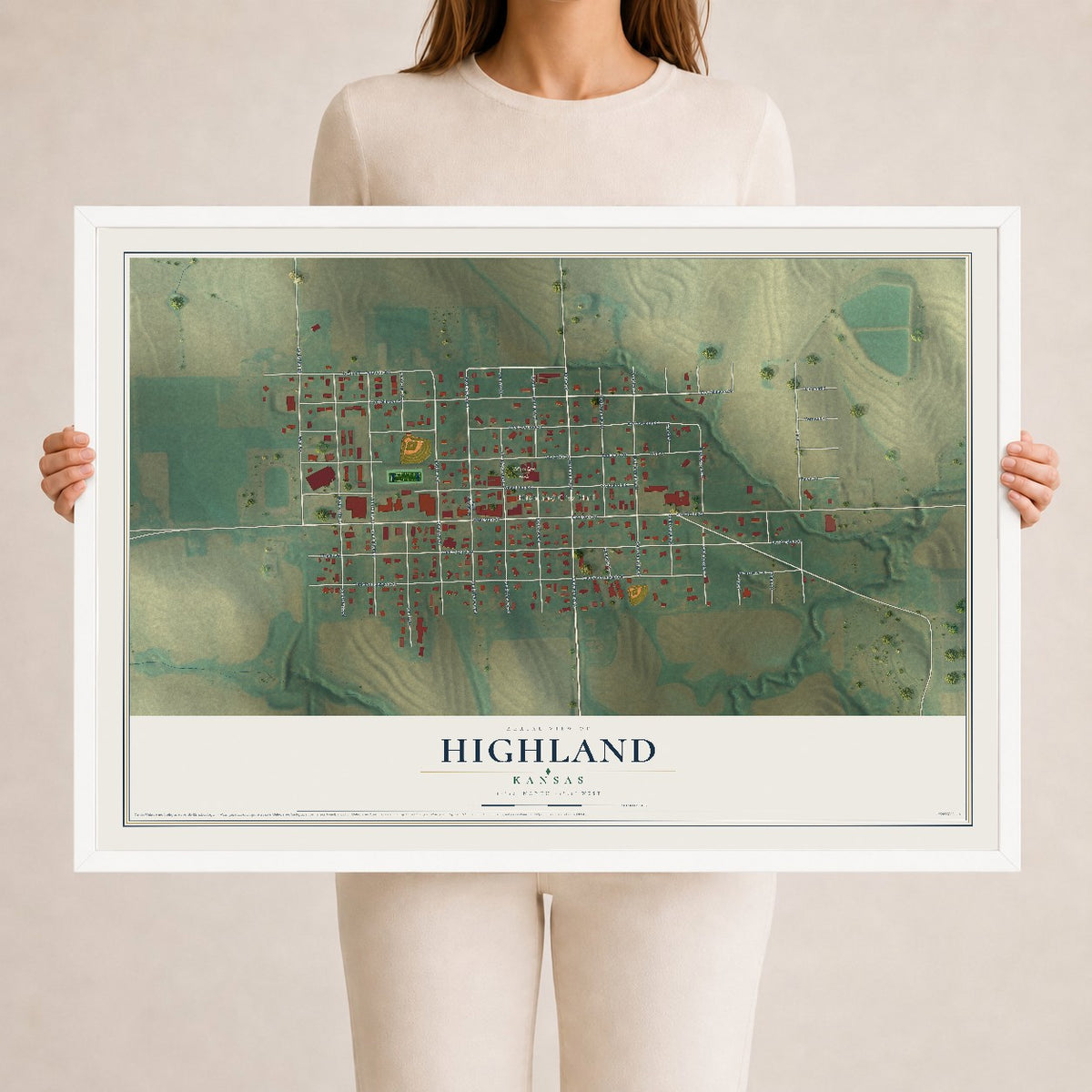 Map of Highland, Kansas, 24 x 36 inch print in a white wood frame