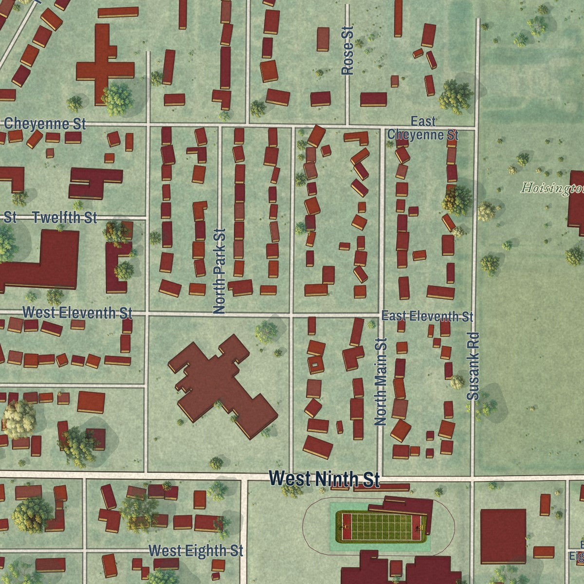 Second close-up of the map of Hoisington, Kansas print showing more streets and buildings