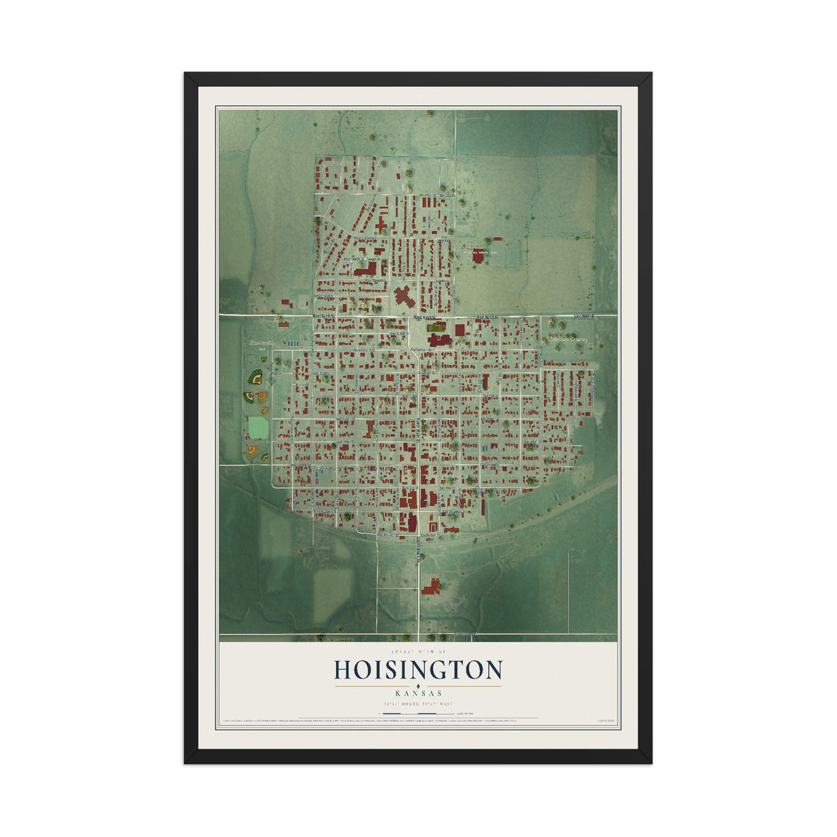 Map of Hoisington, Kansas, 12 x 18 inch print in a black wood frame