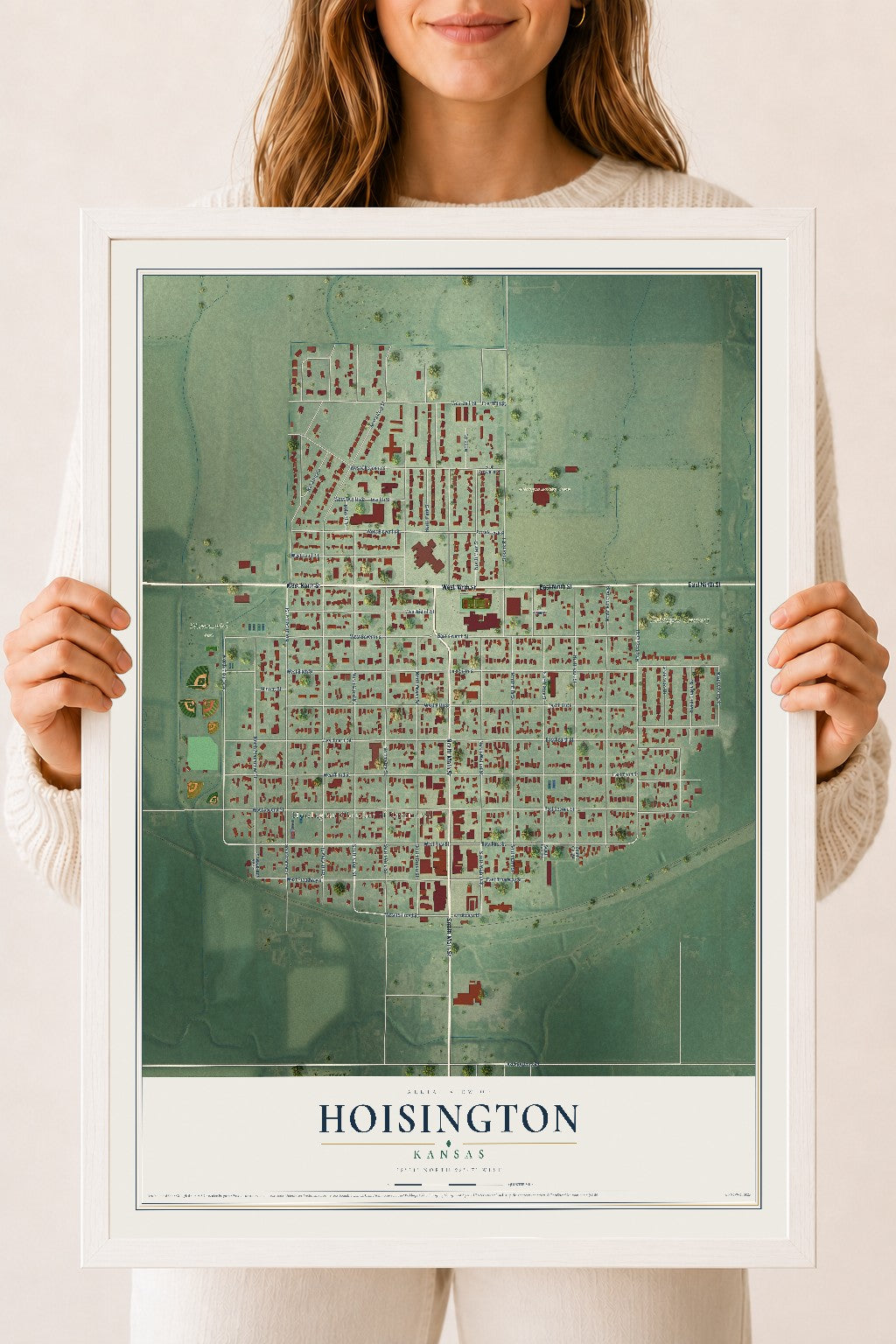 Map of Hoisington, Kansas, 18 x 24 inch print in a white wood frame