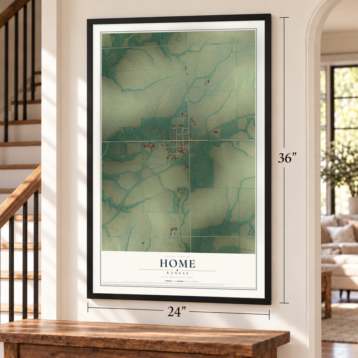 Home, Kansas map, 24 x 36 inch print in a black frame by a staircase