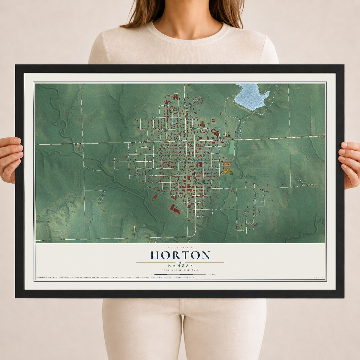 Map of Horton, Kansas, 18 x 24 inch print in a black wood frame
