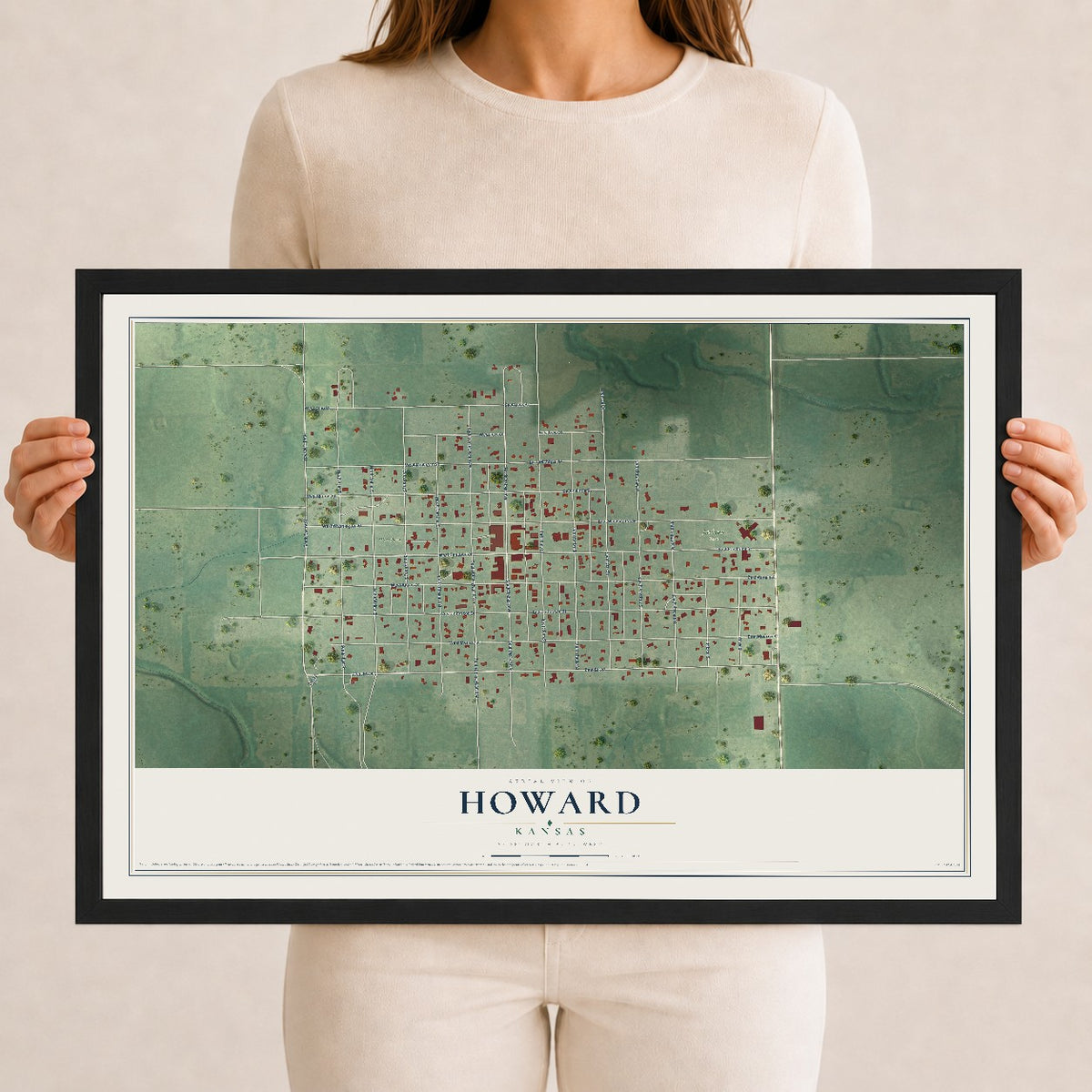 Map of Howard, Kansas, 12 x 18 inch print in a black wood frame