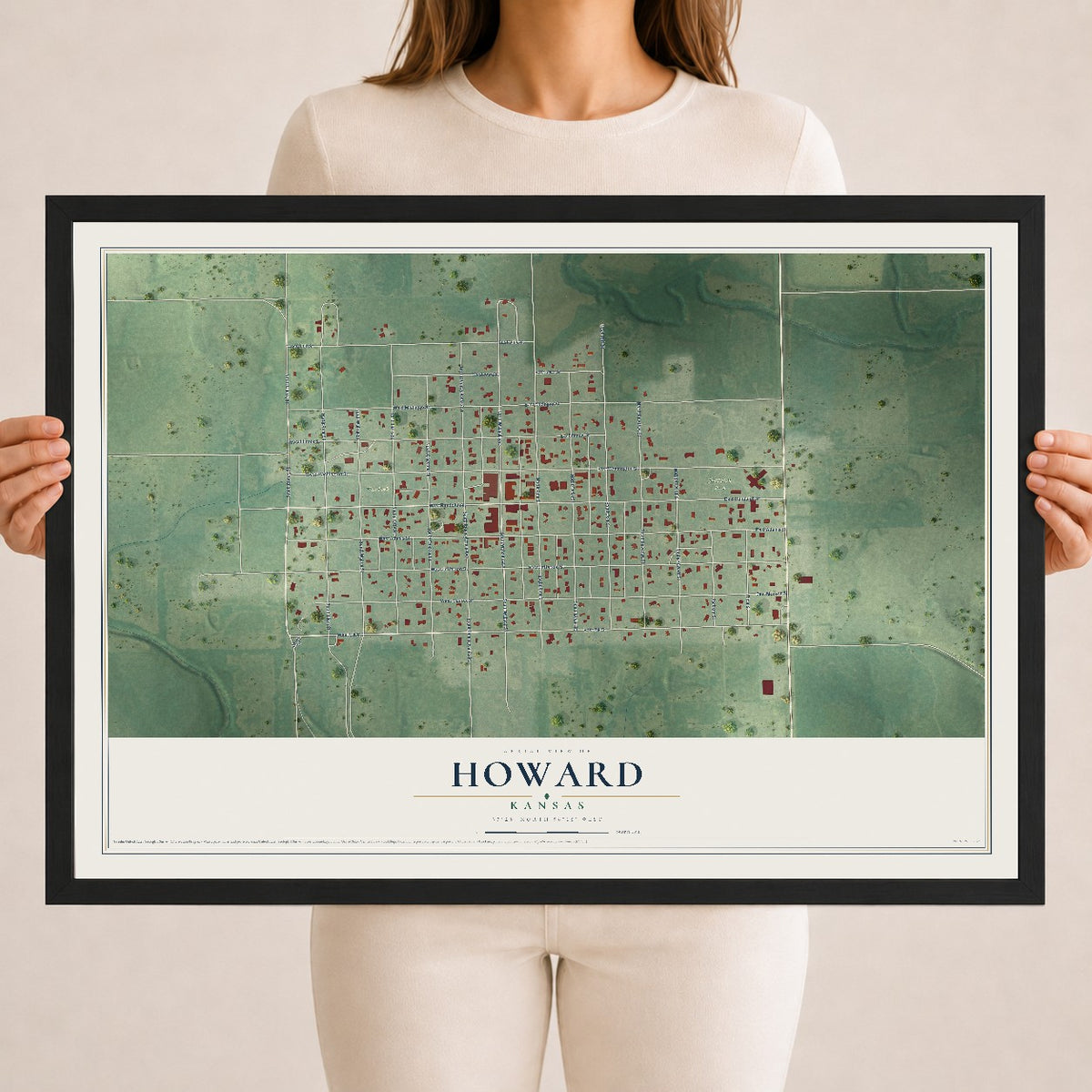 Map of Howard, Kansas, 18 x 24 inch print in a black wood frame