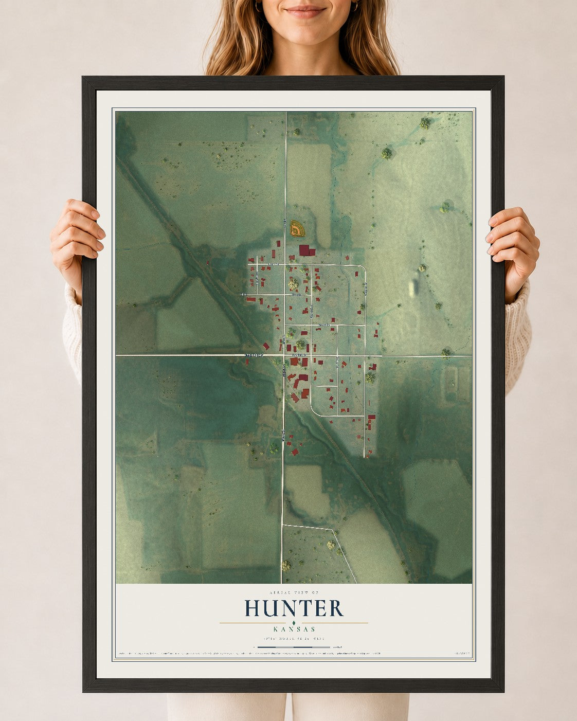 Map of Hunter, Kansas, 24 x 36 inch print in a black wood frame