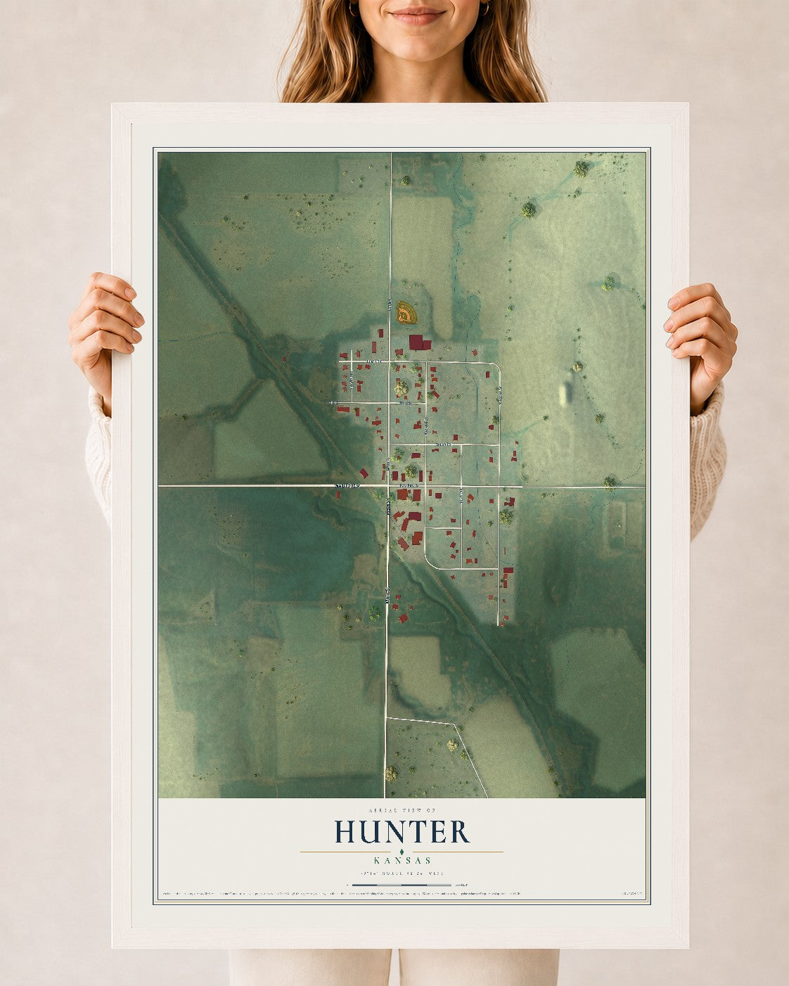 Map of Hunter, Kansas, 24 x 36 inch print in a white wood frame