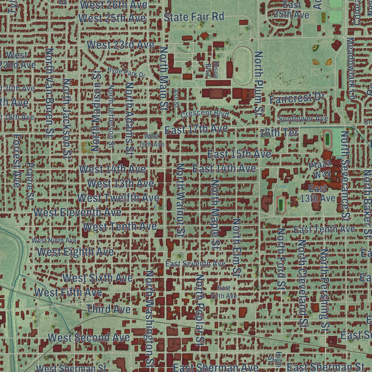 Close-up of the map of Hutchinson, Kansas print showing street and building detail