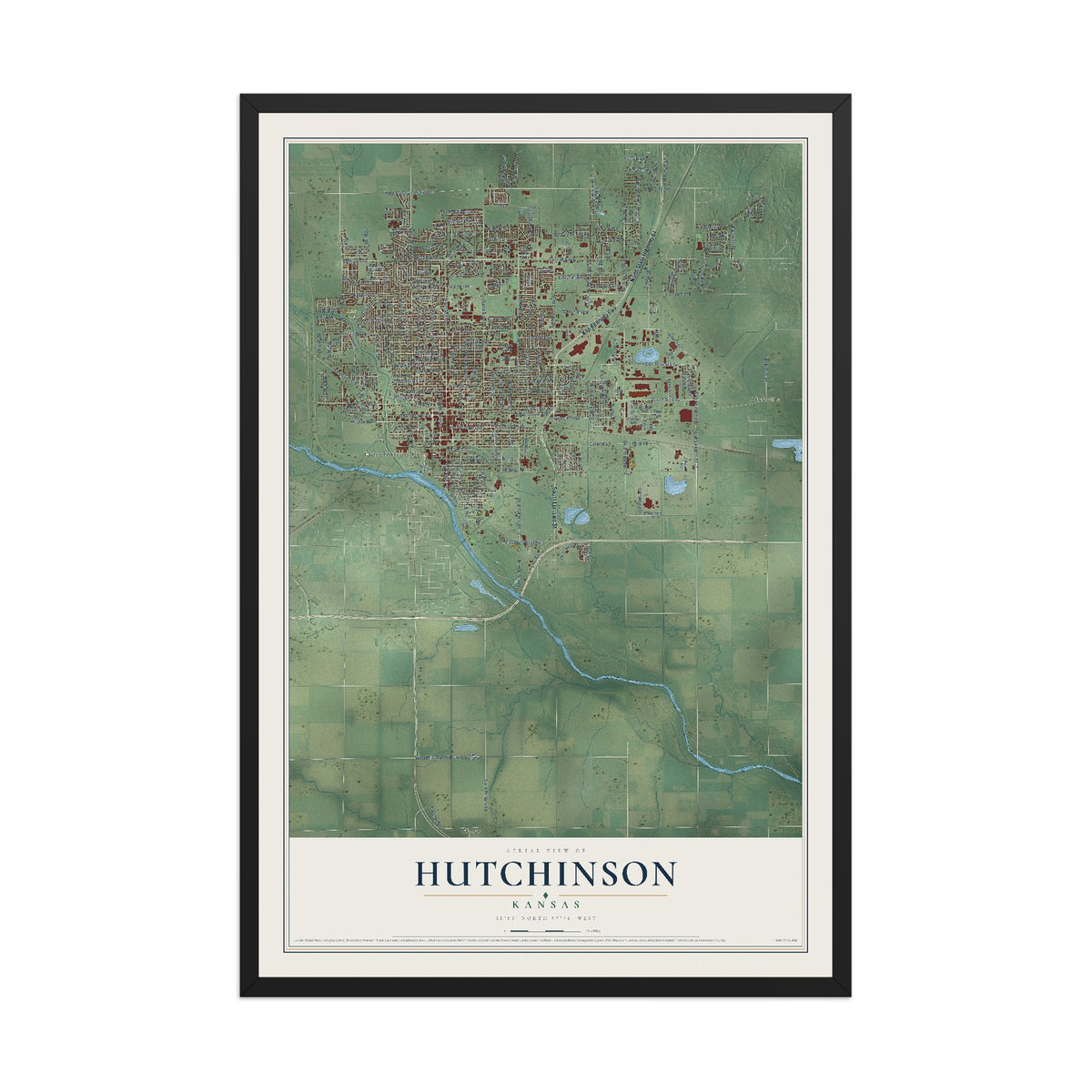 Map of Hutchinson, Kansas, 12 x 18 inch print in a black wood frame