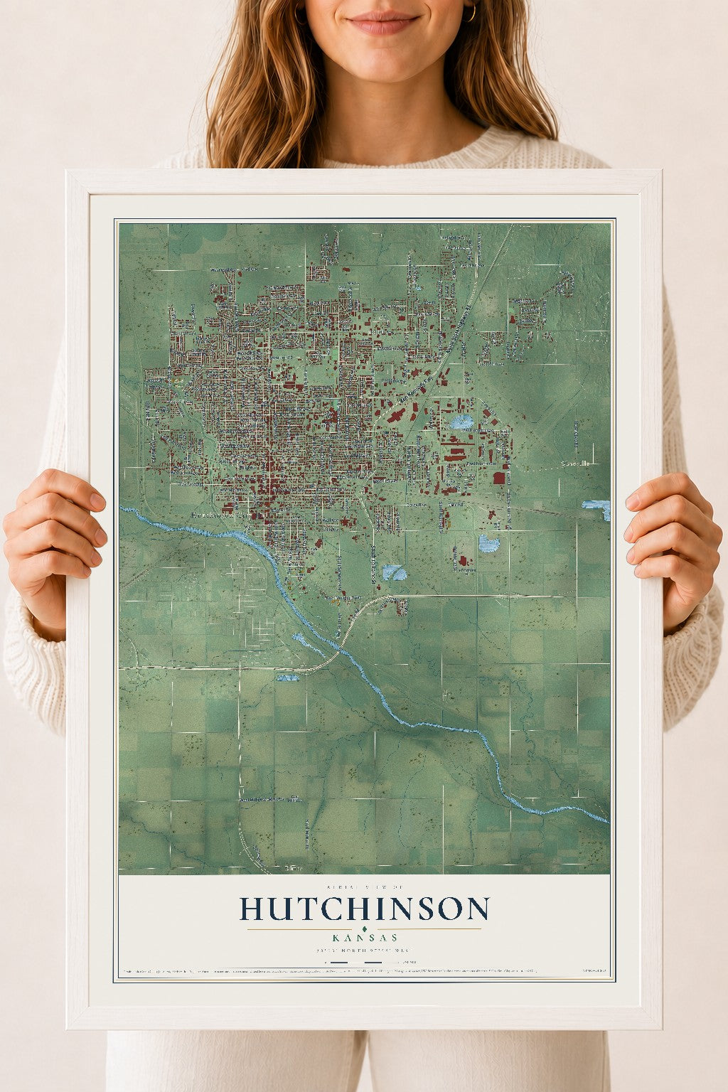 Map of Hutchinson, Kansas, 18 x 24 inch print in a white wood frame