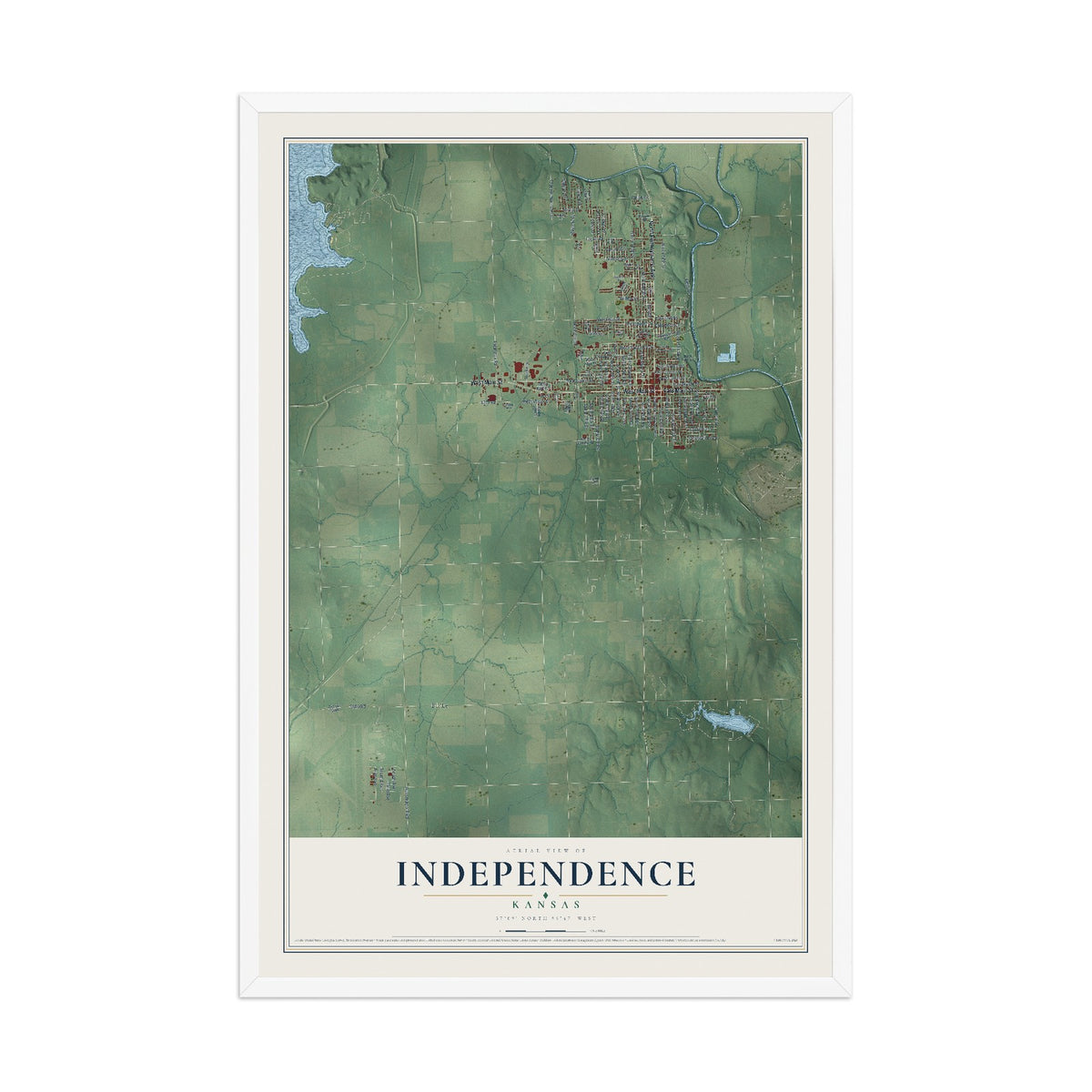 Map of Independence, Kansas, 12 x 18 inch print in a white wood frame
