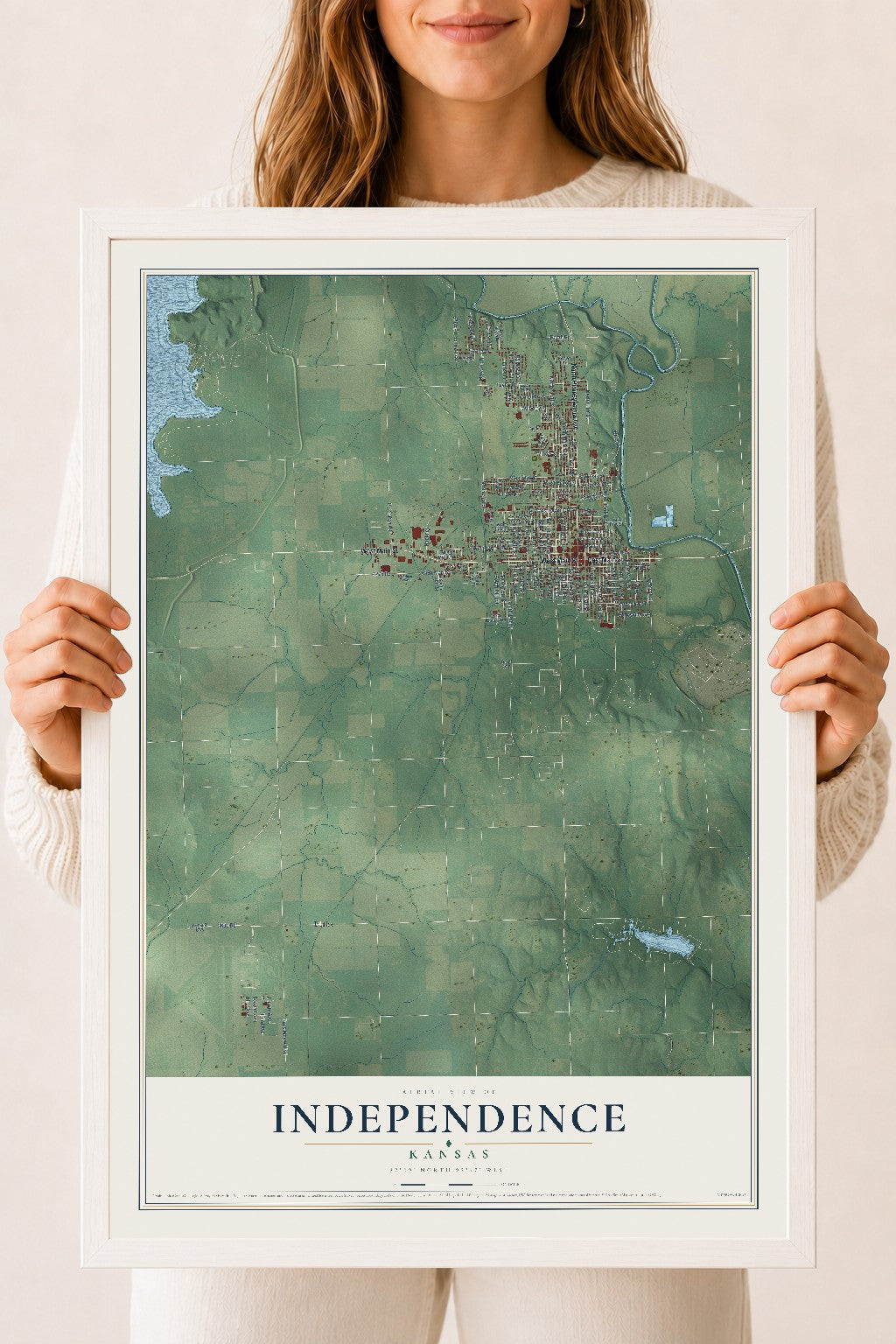 Map of Independence, Kansas, 18 x 24 inch print in a white wood frame