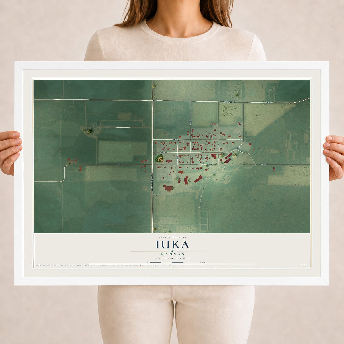 Map of Iuka, Kansas, 18 x 24 inch print in a white wood frame