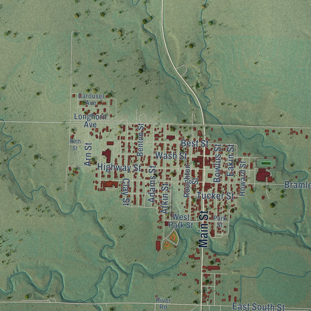 Close-up of the map of Jetmore, Kansas print showing street and building detail