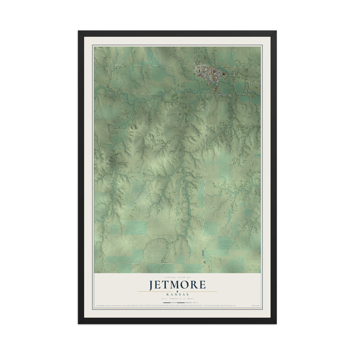 Map of Jetmore, Kansas, 12 x 18 inch print in a black wood frame
