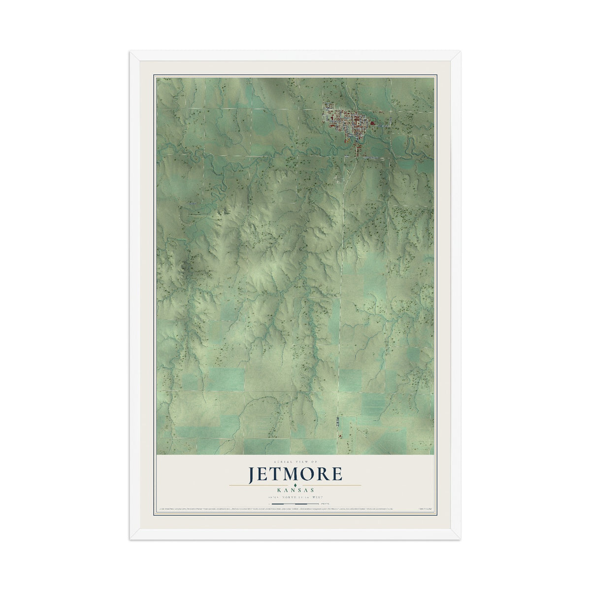 Map of Jetmore, Kansas, 12 x 18 inch print in a white wood frame