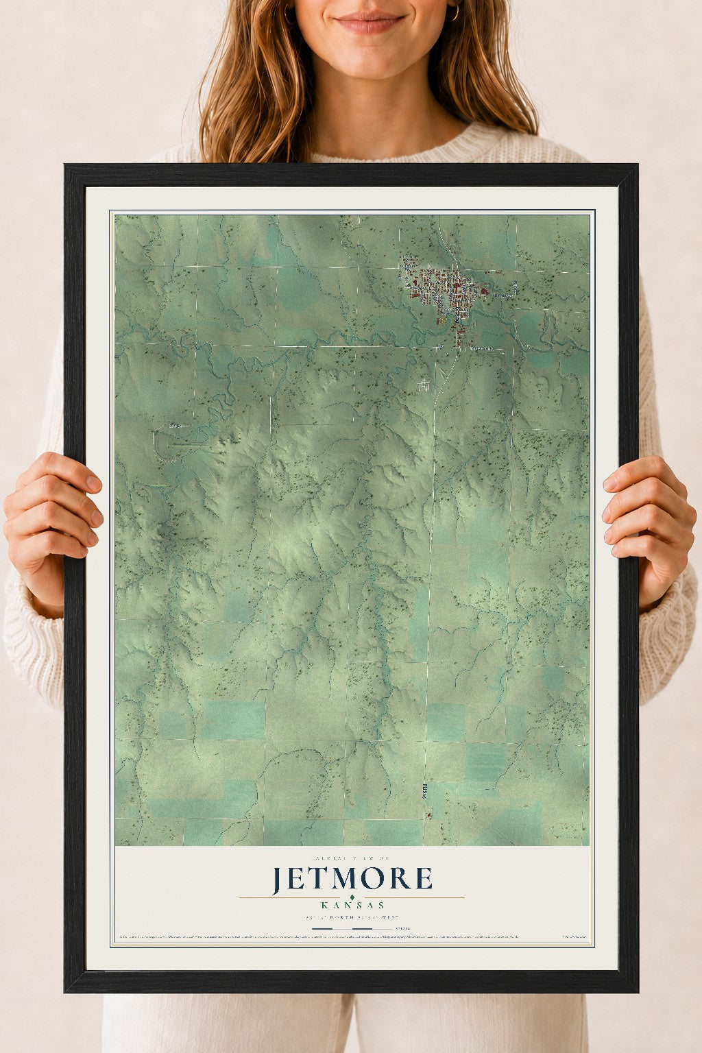 Map of Jetmore, Kansas, 18 x 24 inch print in a black wood frame