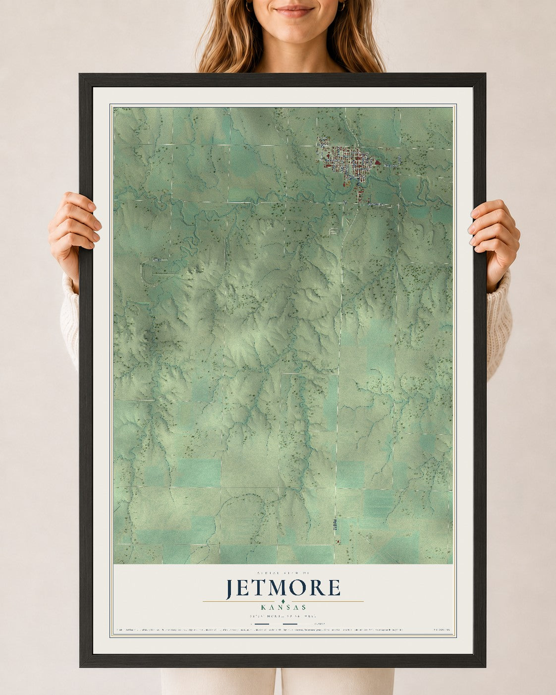 Map of Jetmore, Kansas, 24 x 36 inch print in a black wood frame