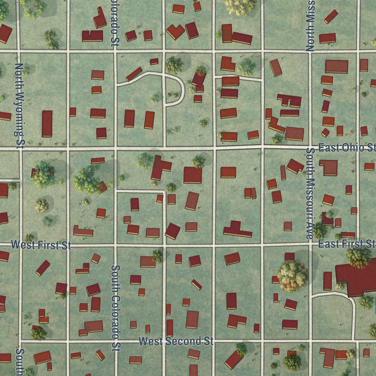 Close-up of the map of Kanopolis, Kansas print showing street and building detail