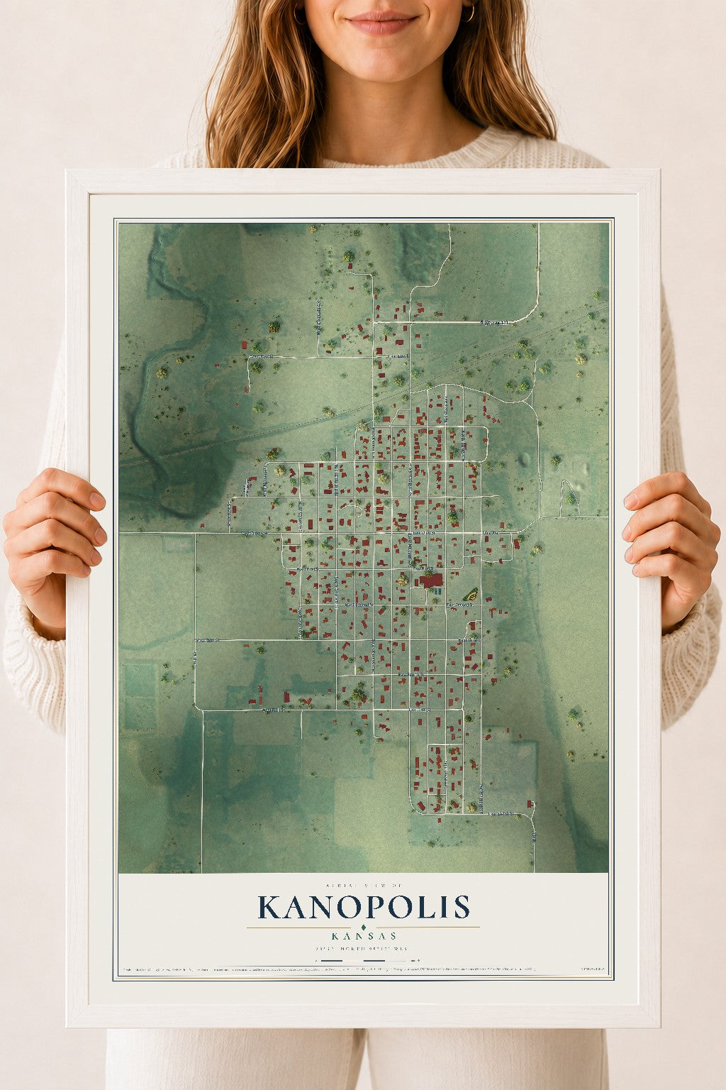Map of Kanopolis, Kansas, 18 x 24 inch print in a white wood frame
