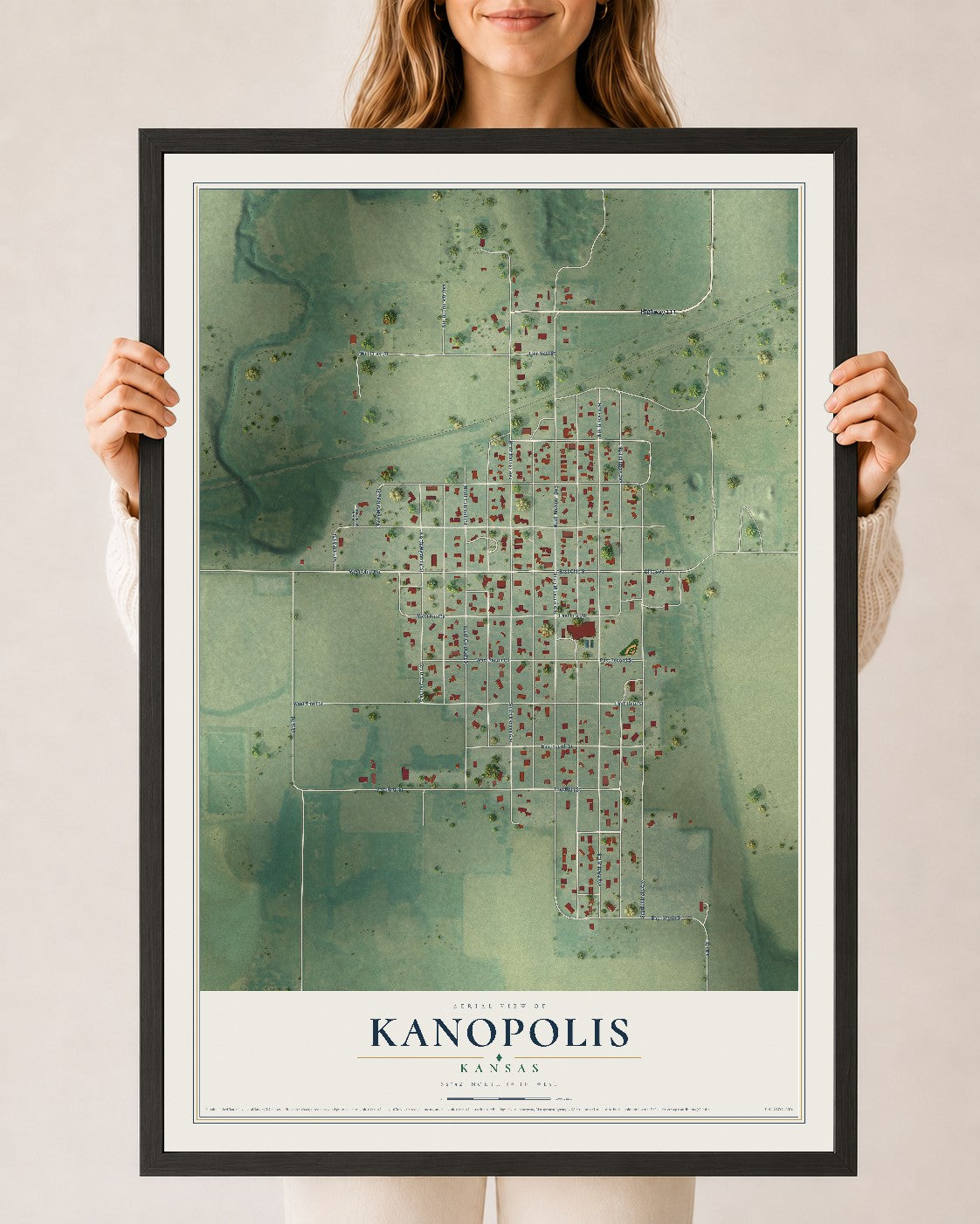 Map of Kanopolis, Kansas, 24 x 36 inch print in a black wood frame