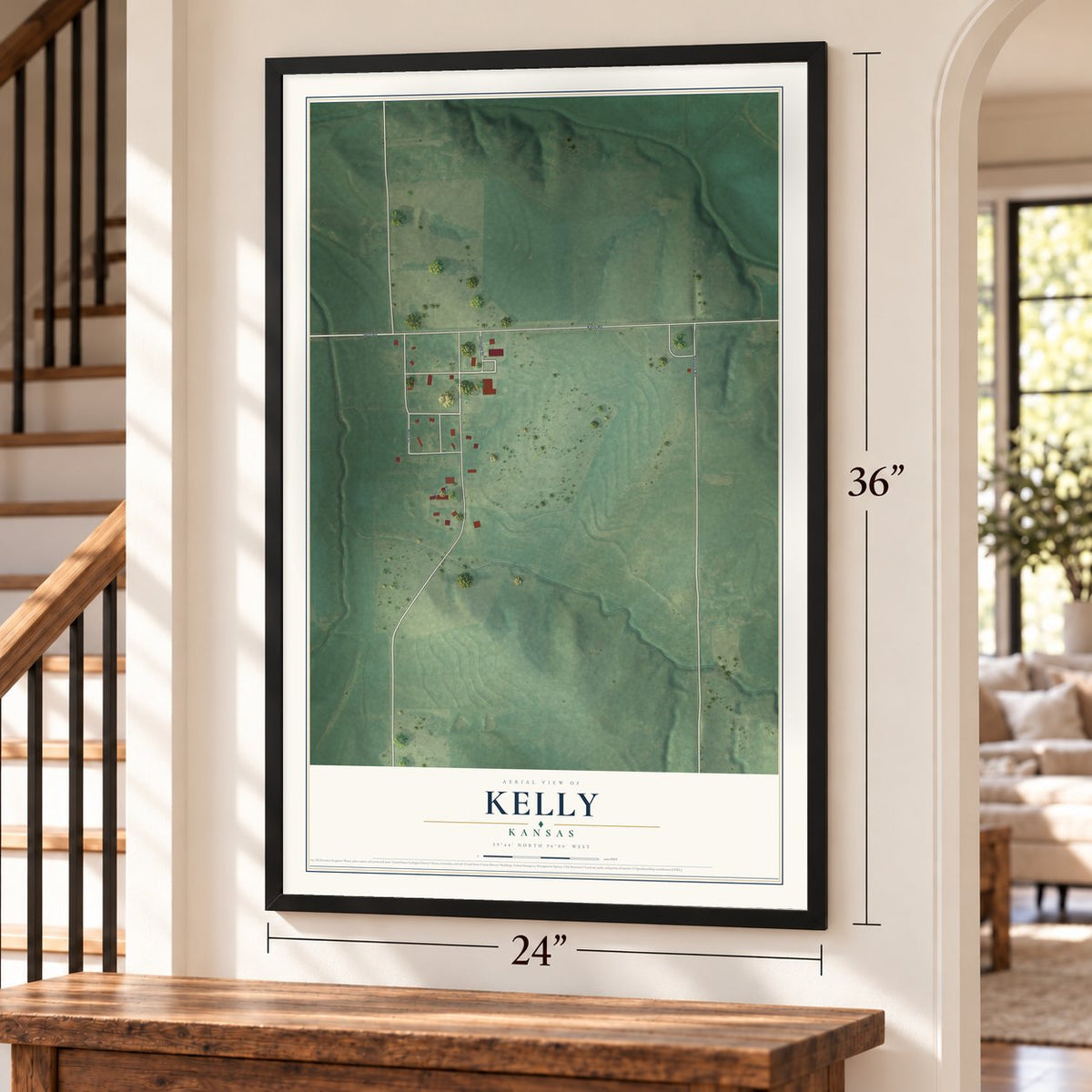 Kelly, Kansas map, 24 x 36 inch print in a black frame by a staircase
