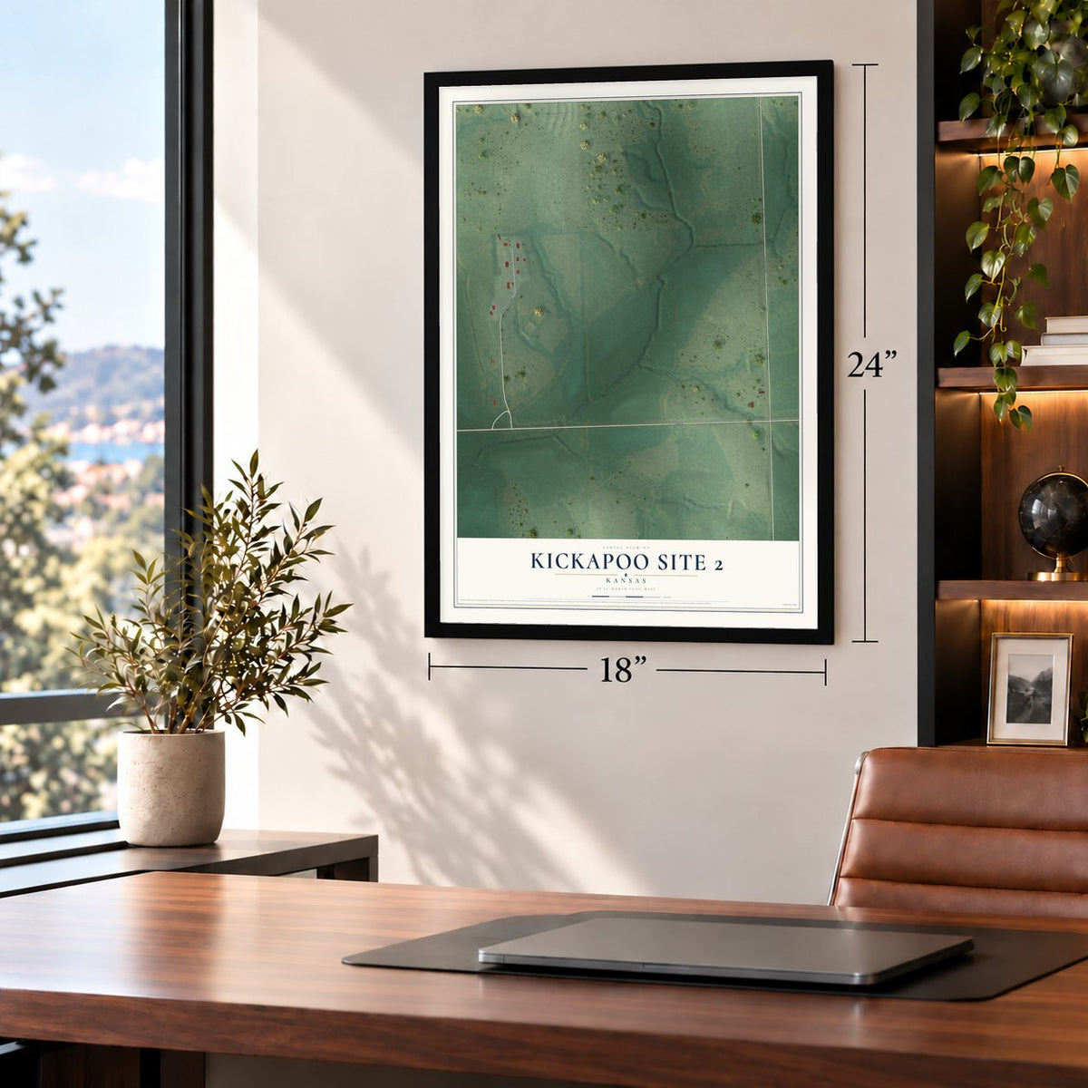 Kickapoo Site 2, Kansas map, 18 x 24 inch print in a black frame in a home office