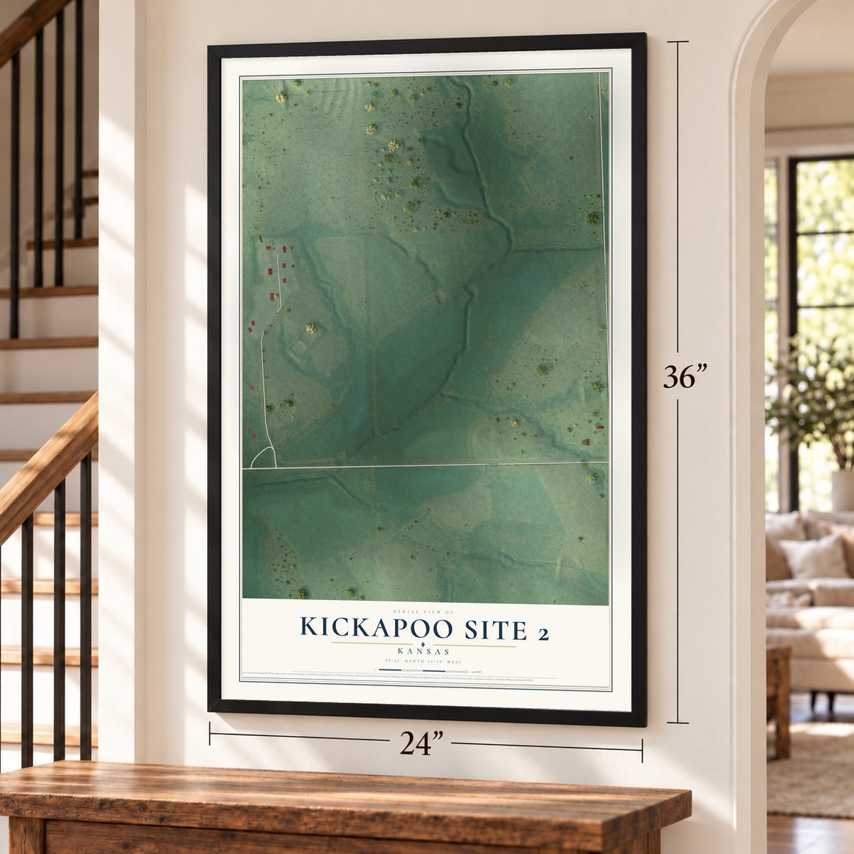 Kickapoo Site 2, Kansas map, 24 x 36 inch print in a black frame by a staircase