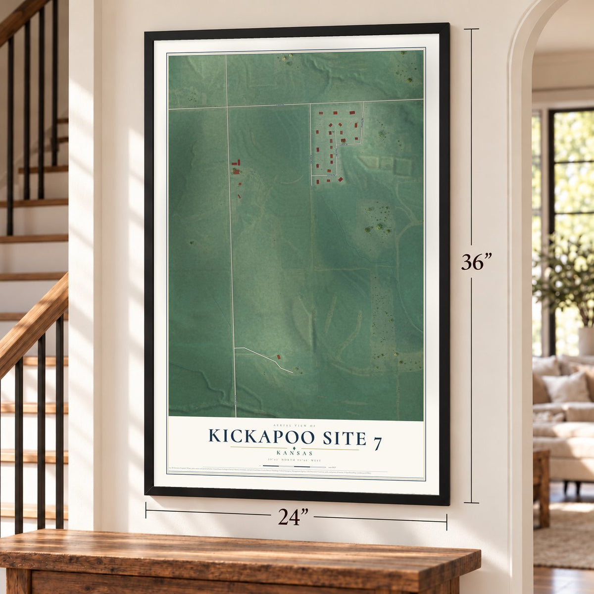 Kickapoo Site 7, Kansas map, 24 x 36 inch print in a black frame by a staircase