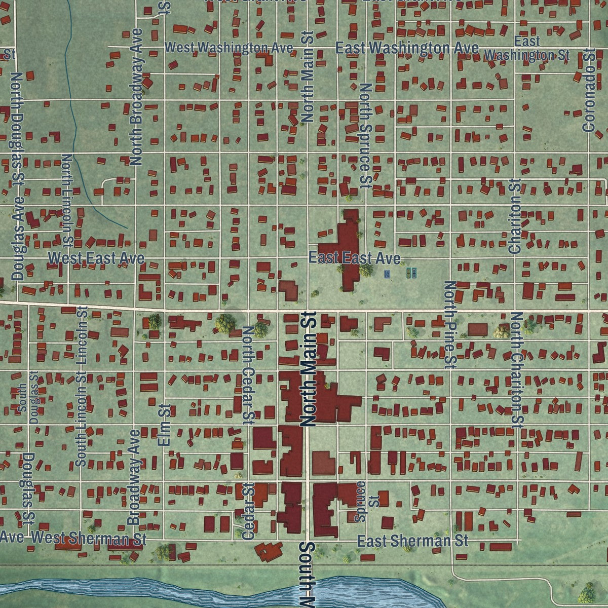 Close-up of the map of Kingman, Kansas print showing street and building detail