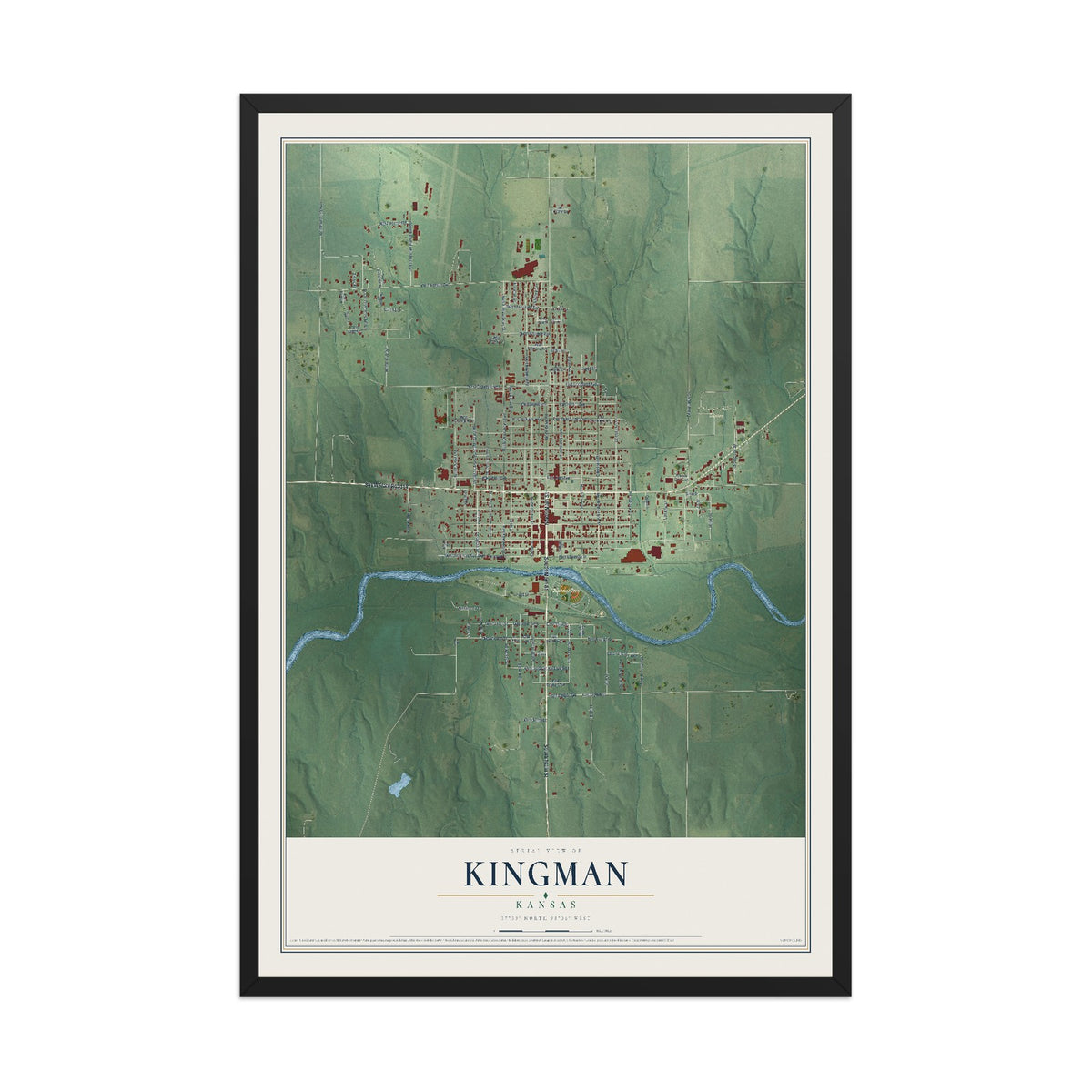 Map of Kingman, Kansas, 12 x 18 inch print in a black wood frame