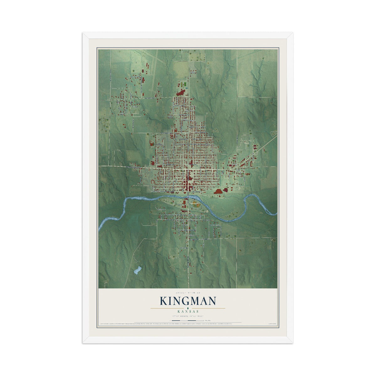 Map of Kingman, Kansas, 12 x 18 inch print in a white wood frame