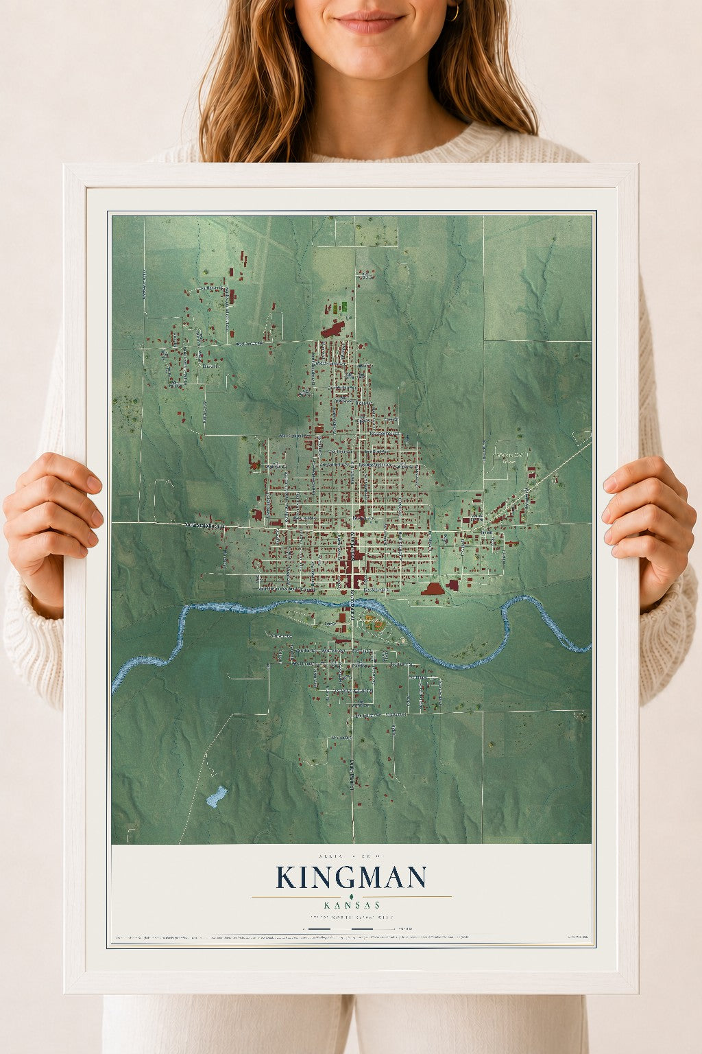 Map of Kingman, Kansas, 18 x 24 inch print in a white wood frame