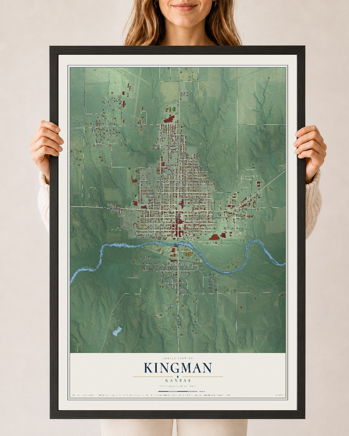 Map of Kingman, Kansas, 24 x 36 inch print in a black wood frame
