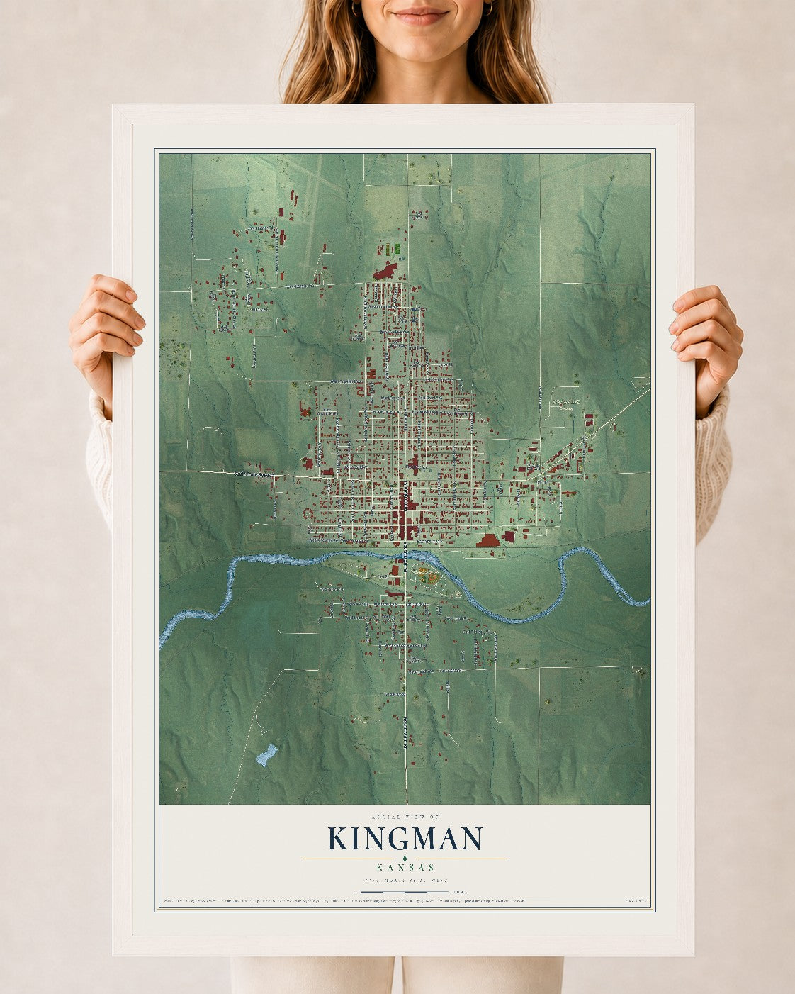 Map of Kingman, Kansas, 24 x 36 inch print in a white wood frame