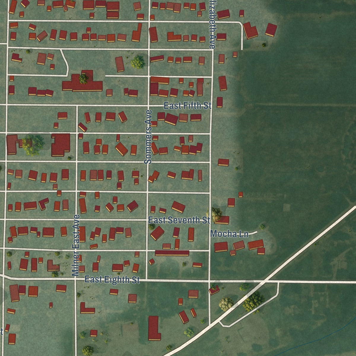 Second close-up of the map of Kinsley, Kansas print showing more streets and buildings