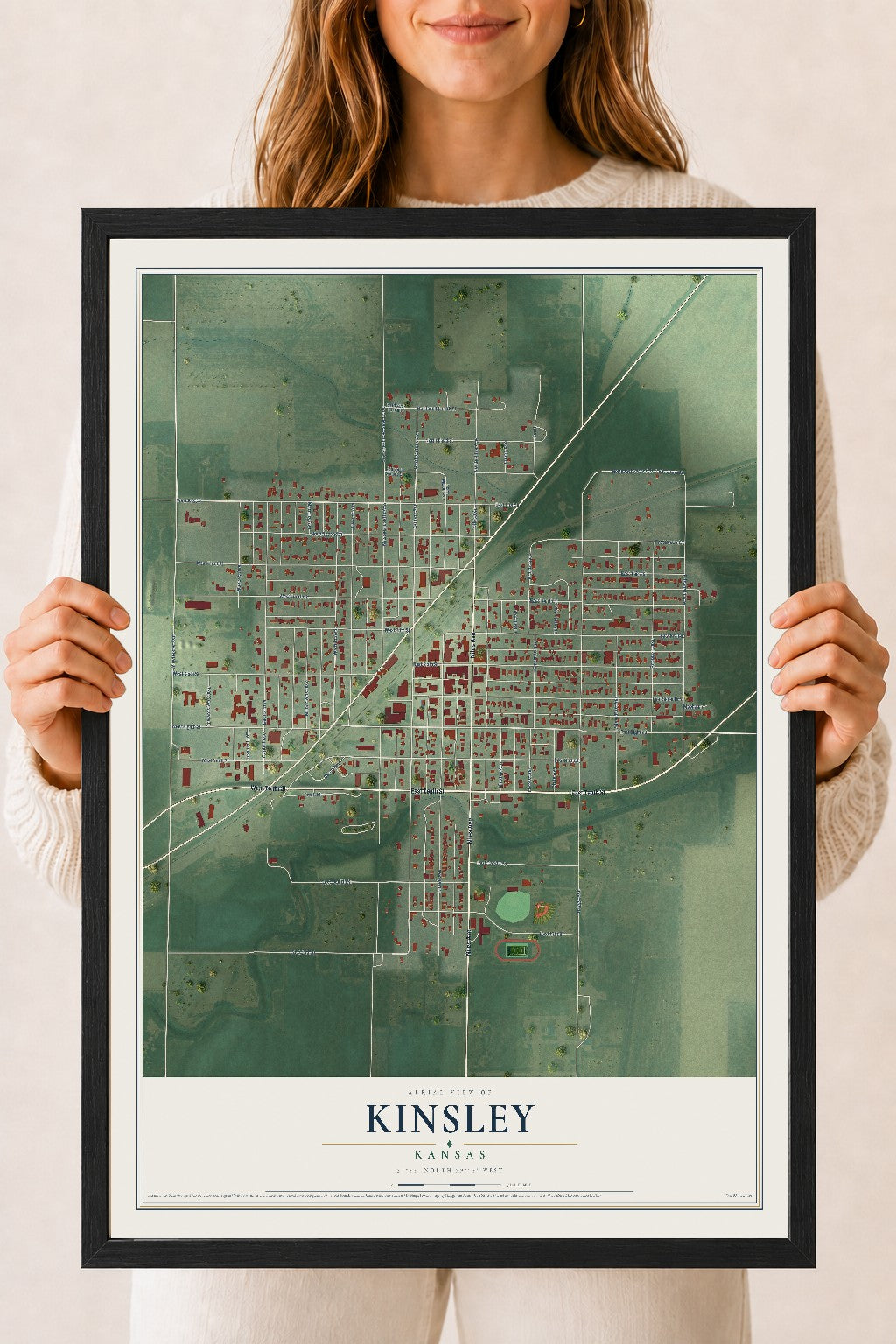 Map of Kinsley, Kansas, 18 x 24 inch print in a black wood frame