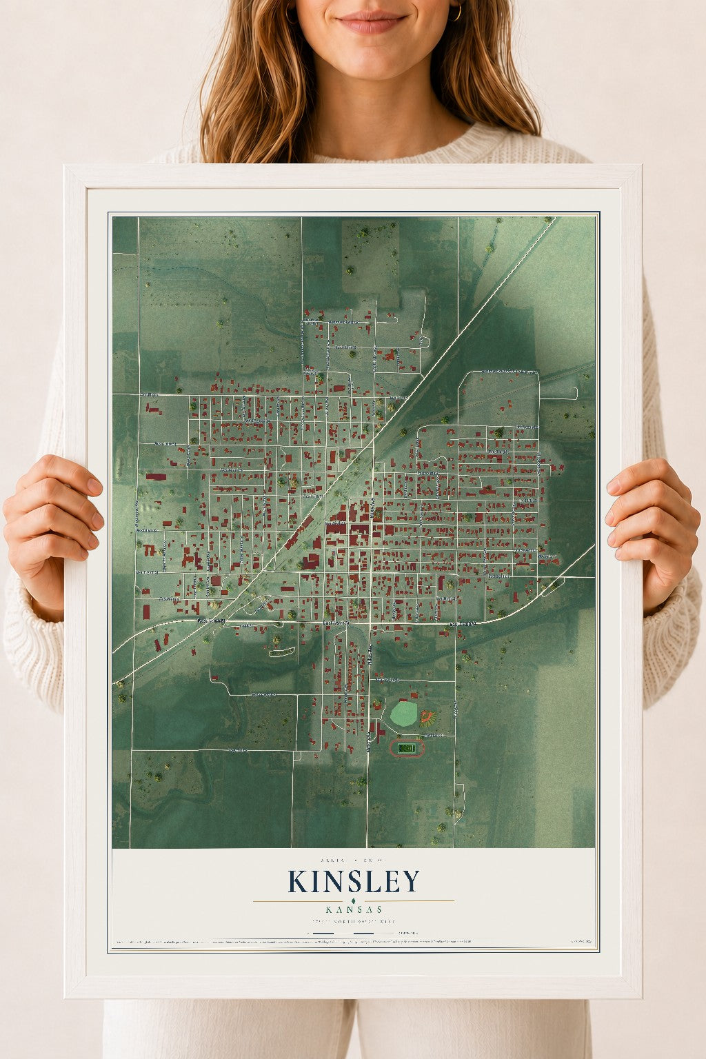 Map of Kinsley, Kansas, 18 x 24 inch print in a white wood frame