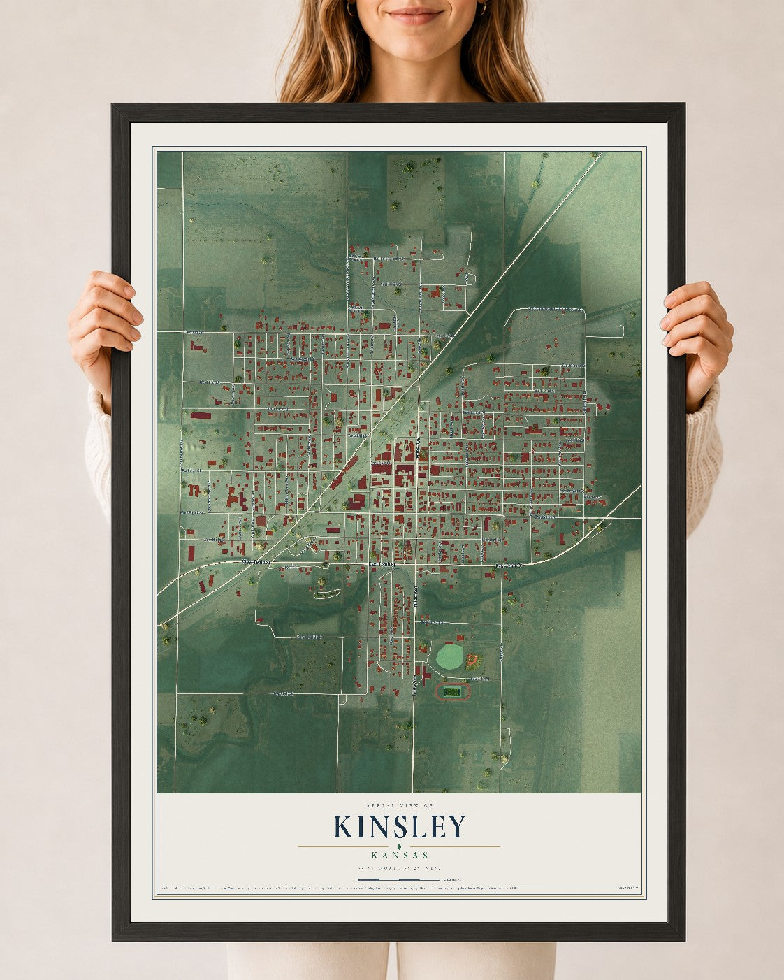 Map of Kinsley, Kansas, 24 x 36 inch print in a black wood frame