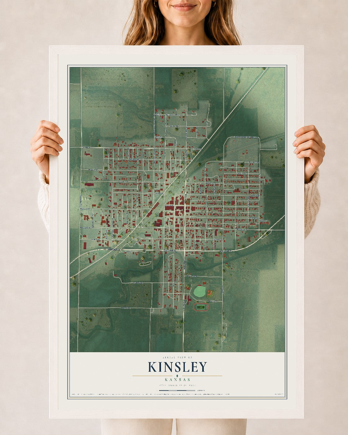 Map of Kinsley, Kansas, 24 x 36 inch print in a white wood frame