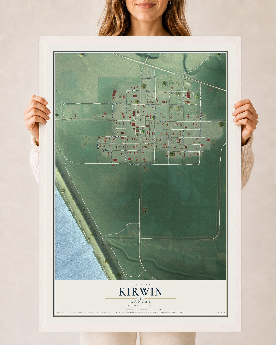 Map of Kirwin, Kansas, 24 x 36 inch print in a white wood frame