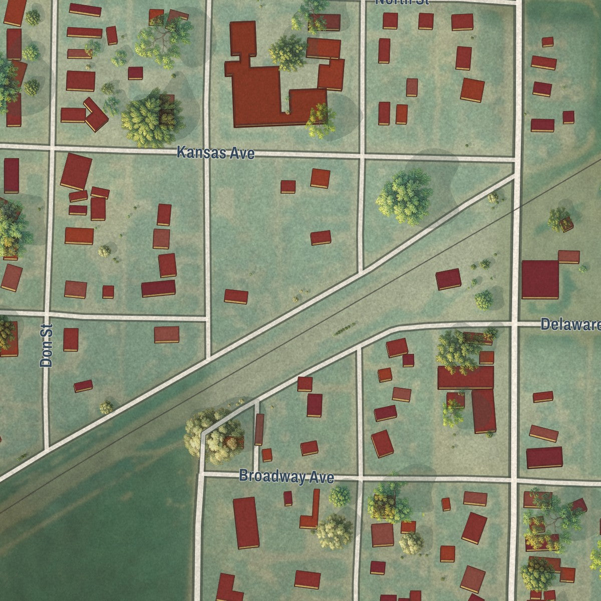 Close-up of the map of Kismet, Kansas print showing street and building detail