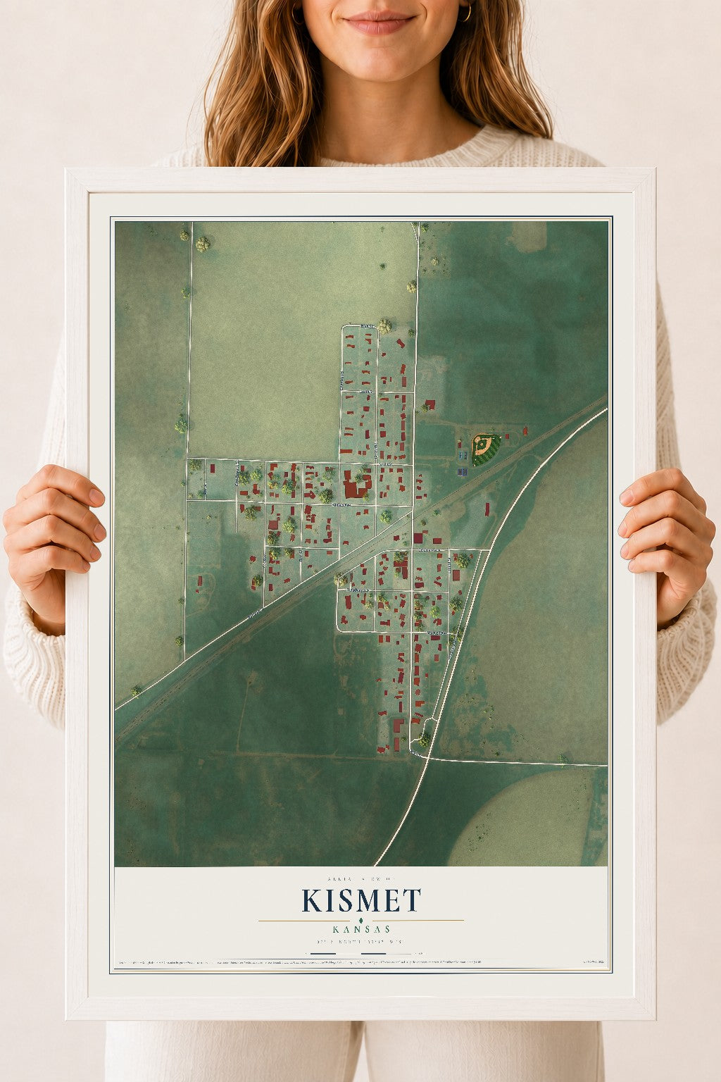 Map of Kismet, Kansas, 18 x 24 inch print in a white wood frame