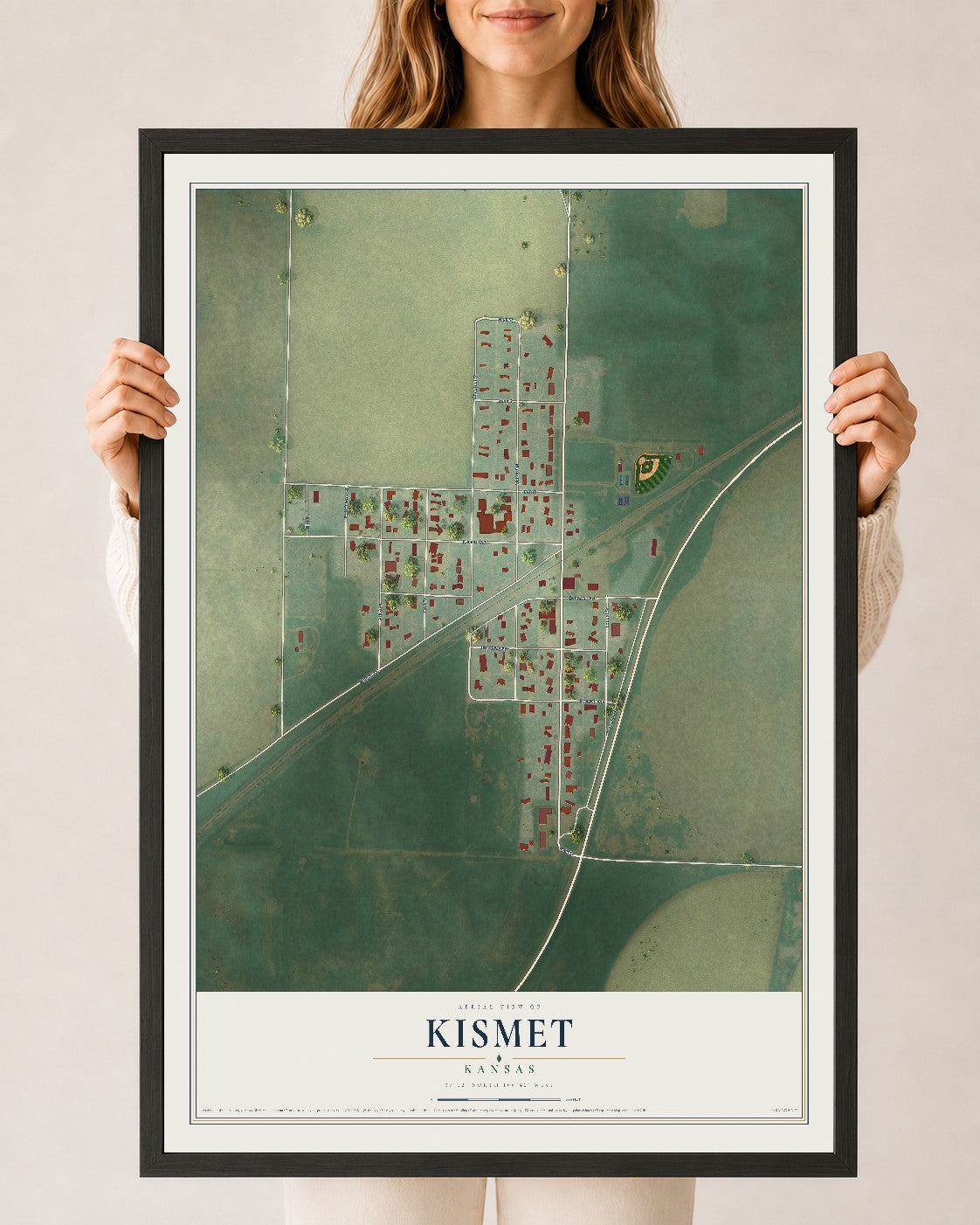 Map of Kismet, Kansas, 24 x 36 inch print in a black wood frame