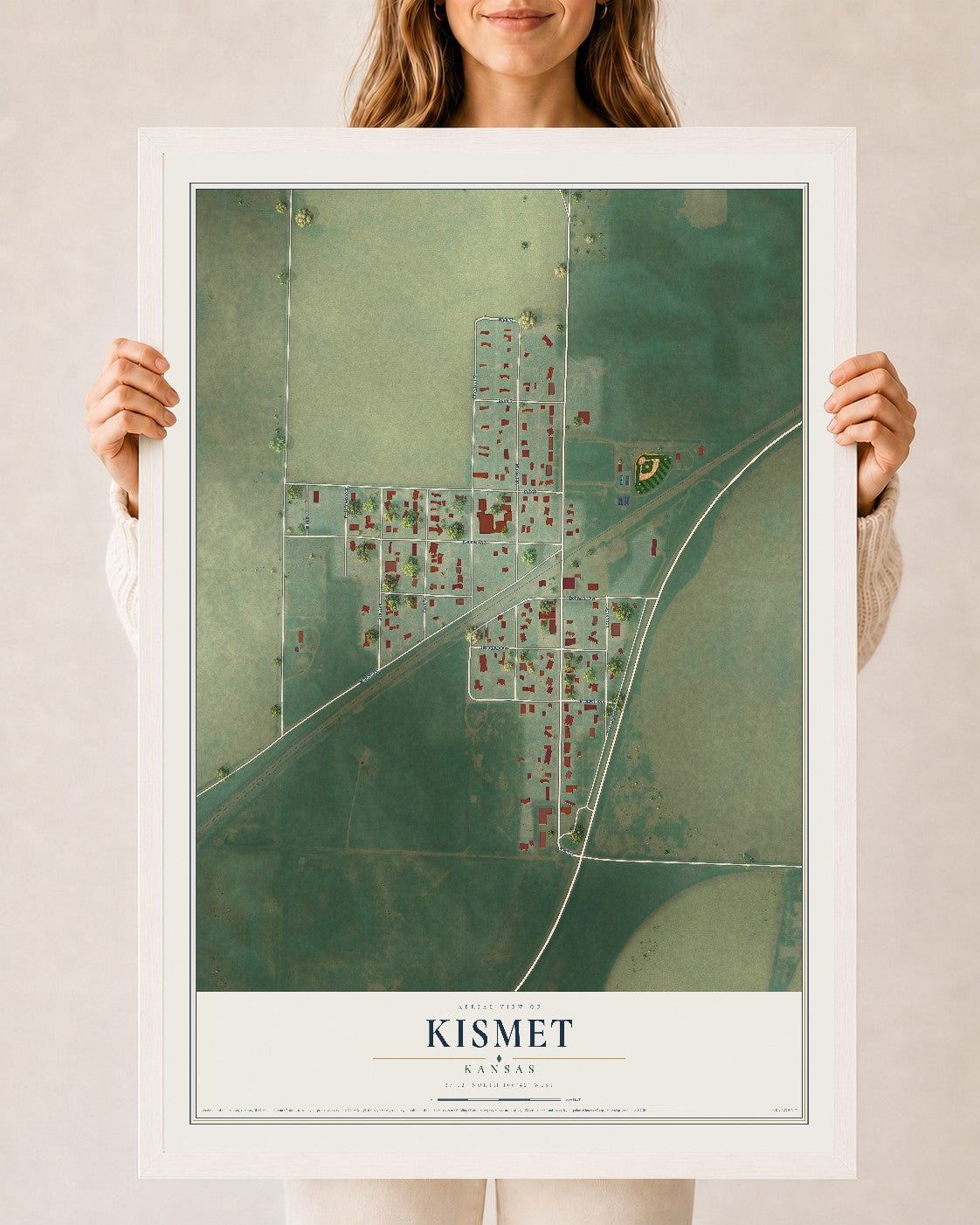 Map of Kismet, Kansas, 24 x 36 inch print in a white wood frame