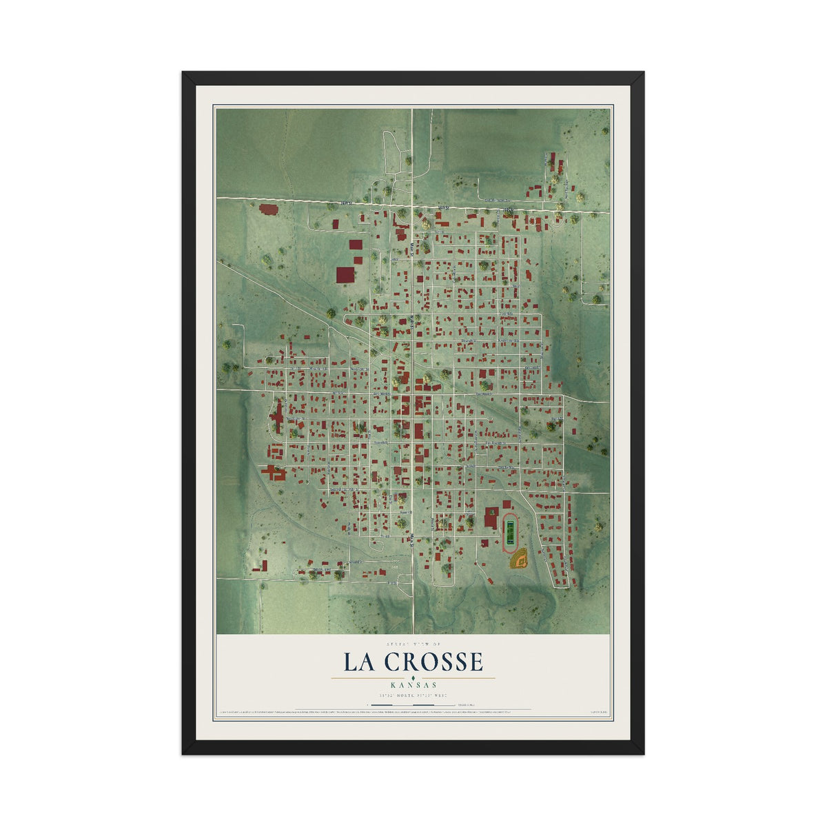 Map of La Crosse, Kansas, 12 x 18 inch print in a black wood frame